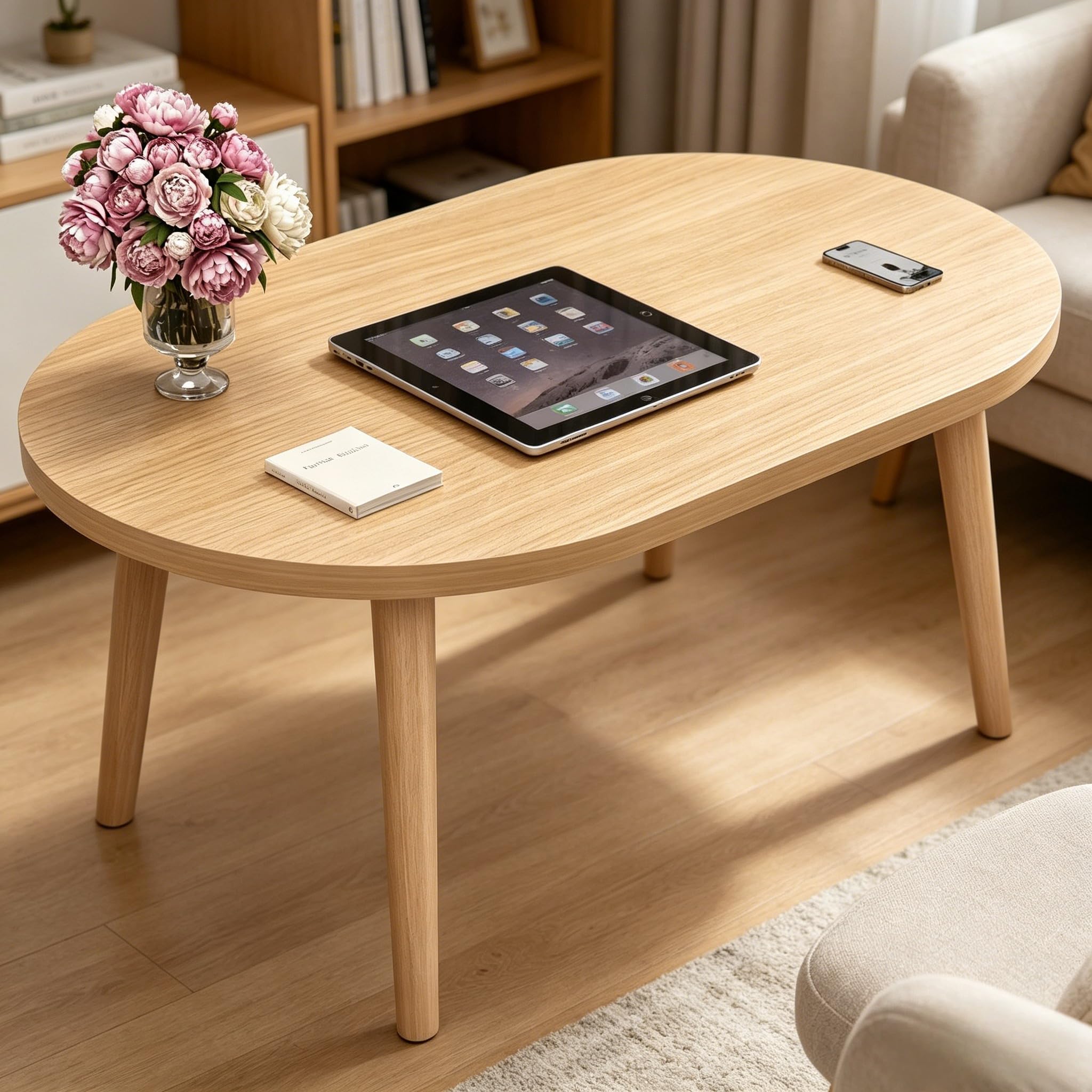 coffee table low table with 4 solid wood leg, floor table desk for sitting on the floor, small oval coffee table for small space, side table japanese coffee table for living room apartment home, brown