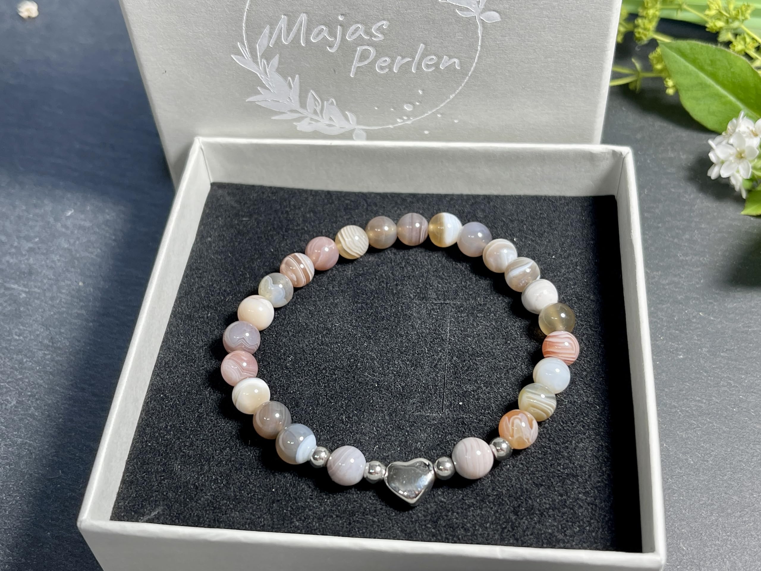 Botswana Achat Armband Perlen echt 6mm Herz Edelstahl Silber Gold Roségold ionisiert - Handmade Perlenarmband Willenskraft Optimismus Zuversicht - Spiritueller Schmuck Damen Mädchen