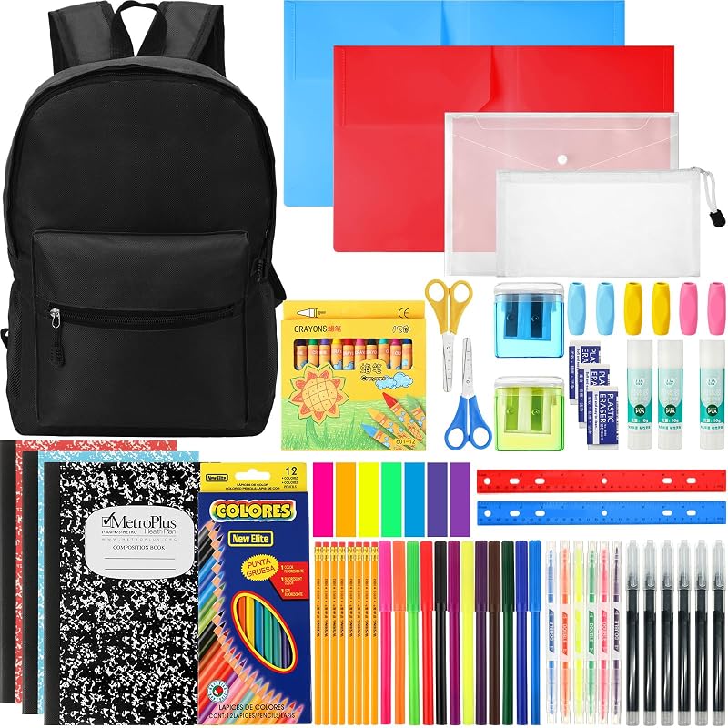 Gilprop 86 Pcs School Supplies Kit with Backpack School Gift,Black | School Supplies Bag Set, Elementary Essential Bundle Bulk, Fit Student Teacher Classroom, Include Pencil Glue Notebook Folder