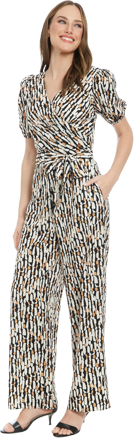 London Times womens Women's Short Sleeve Wrap Jumpsuit With Pockets - Wide Leg Fitted Waist - Special Occasion Jumpsuits - Image 2