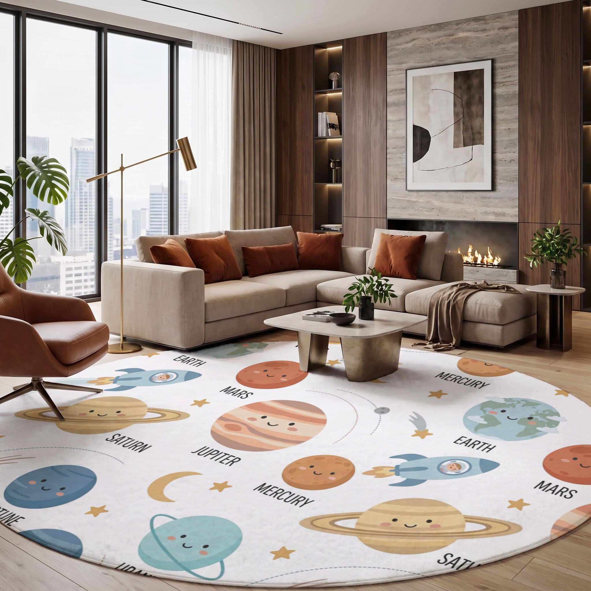 Tapis Rond Lavable Planètes du Système Solaire Fusées 180cm | Tapis Univers De Dessin Animé Mignon Antidérapants Salon Lavable en Machine pour pour Salle à Manger, Entrée, Cuisine, Blanc