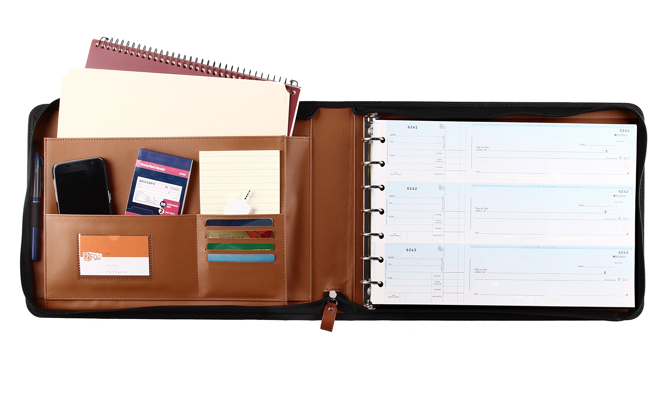 Carpeta de cheques de negocios de 7 anillos para cheques de 3 en adelante, funda de piel sintética con cremallera (marrón claro)