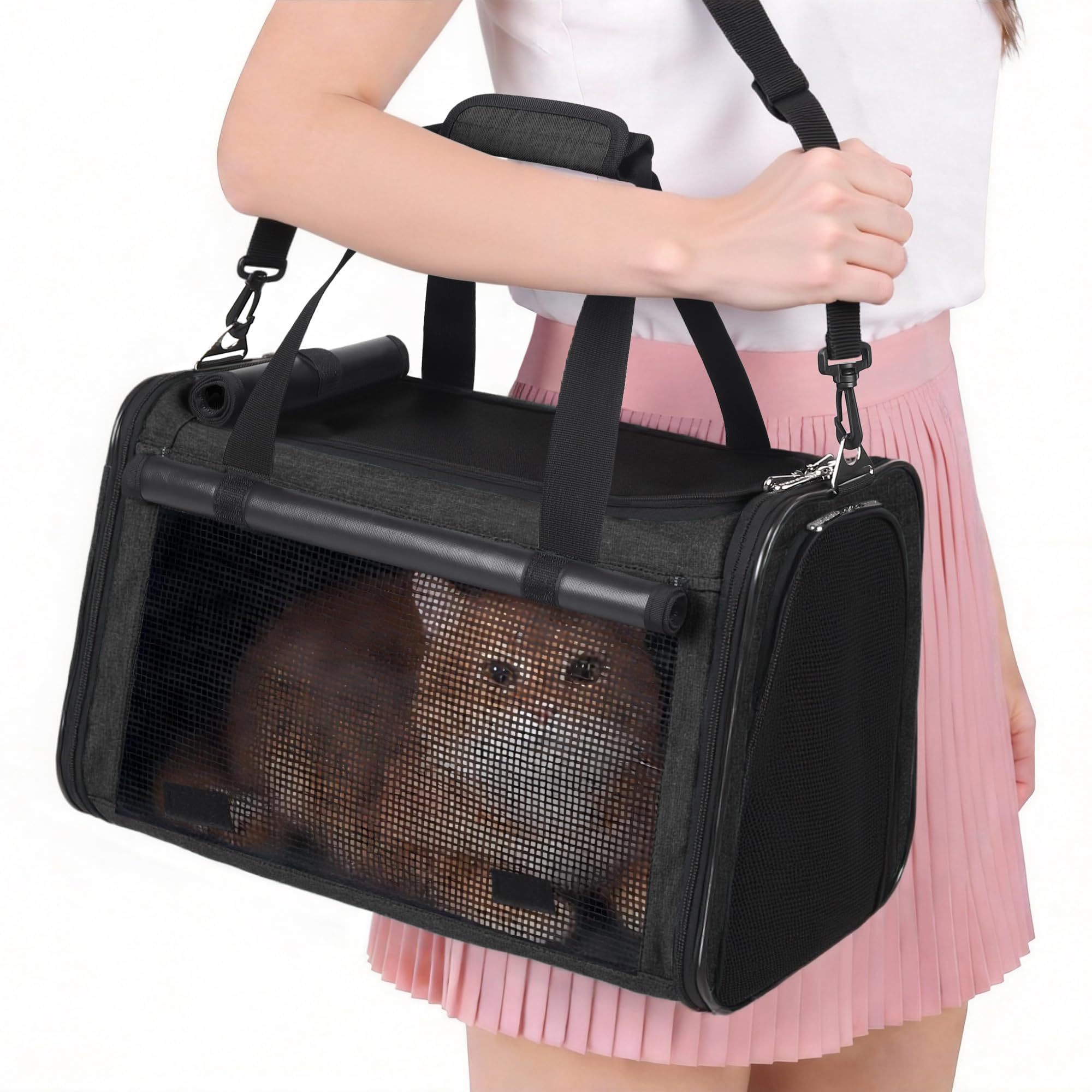 YUDODO 25 lbs Lightproof Soft Sided Large Cat Carrier for Small Pet Dog Airline Approved Travel Bag Puppy Carriers with Side Pockets & Reflective Mesh