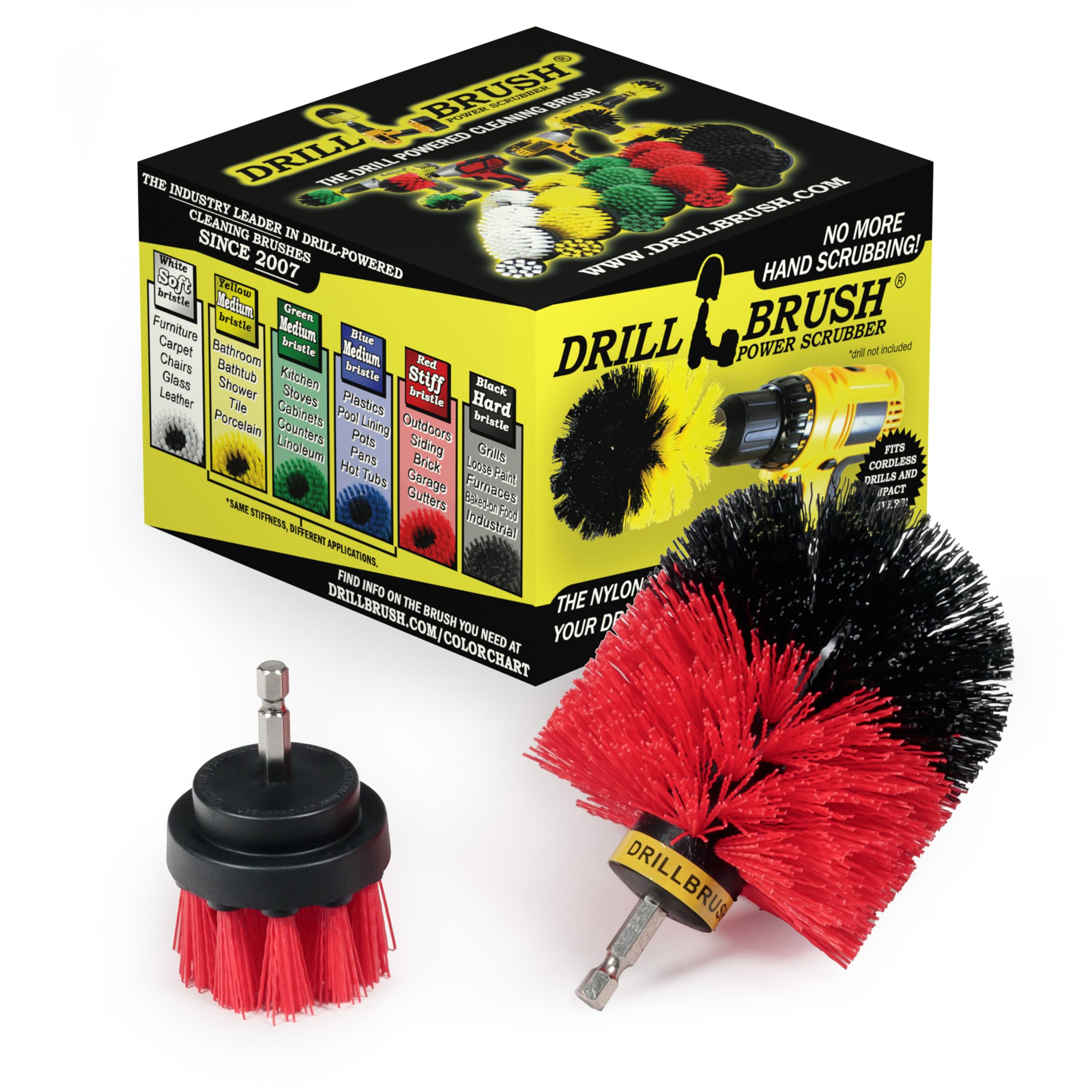 Drillbrush Stiff-Red 2 Piece Red Stiff Bristle Rotary Cleaning Drillbrushes For Cleaning Siding, Brick, Stone, Fireplaces, Decks, Gutters, And More By