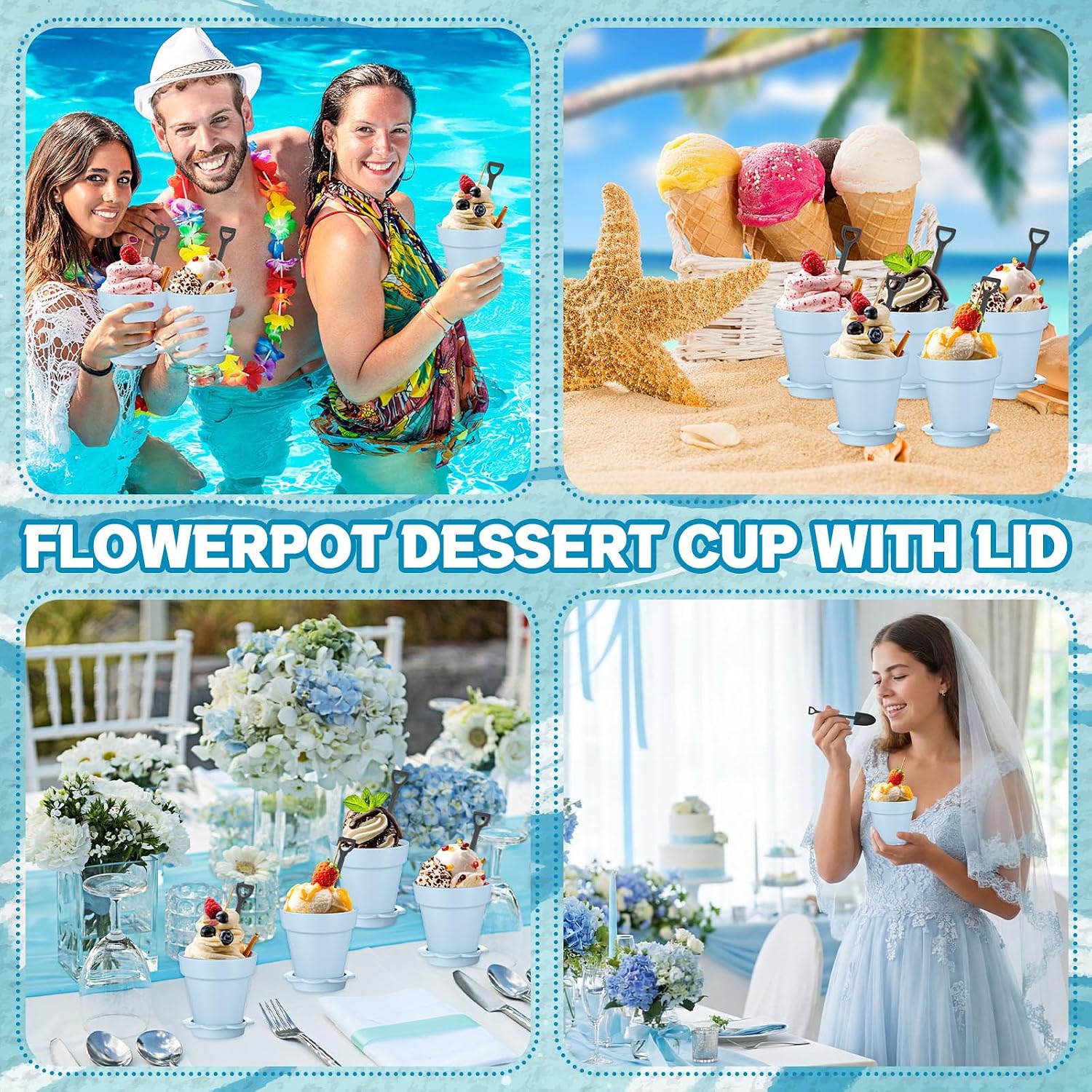 Honeydak 25 Pack Flowerpot Dessert Cup Plastic Cake Cups with Lid Shovel Spoon Mini Flower Pot Dessert Cups Ice Cream Yogurt Cupcake Holder Containers for Birthday Party Supplies DIY Baking(Blue)