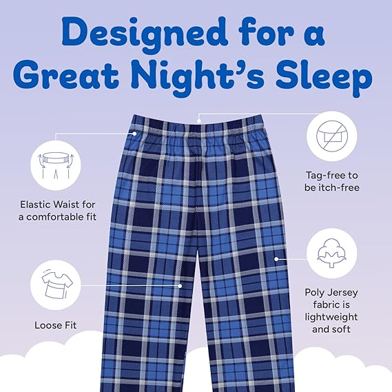 US Angels Boys Pajamas Set | 3-Piece Pant, Shirt, Shorts Sleepwear Pjs for Kids | Loose Fit, Soft, Breathable Blue Plaid