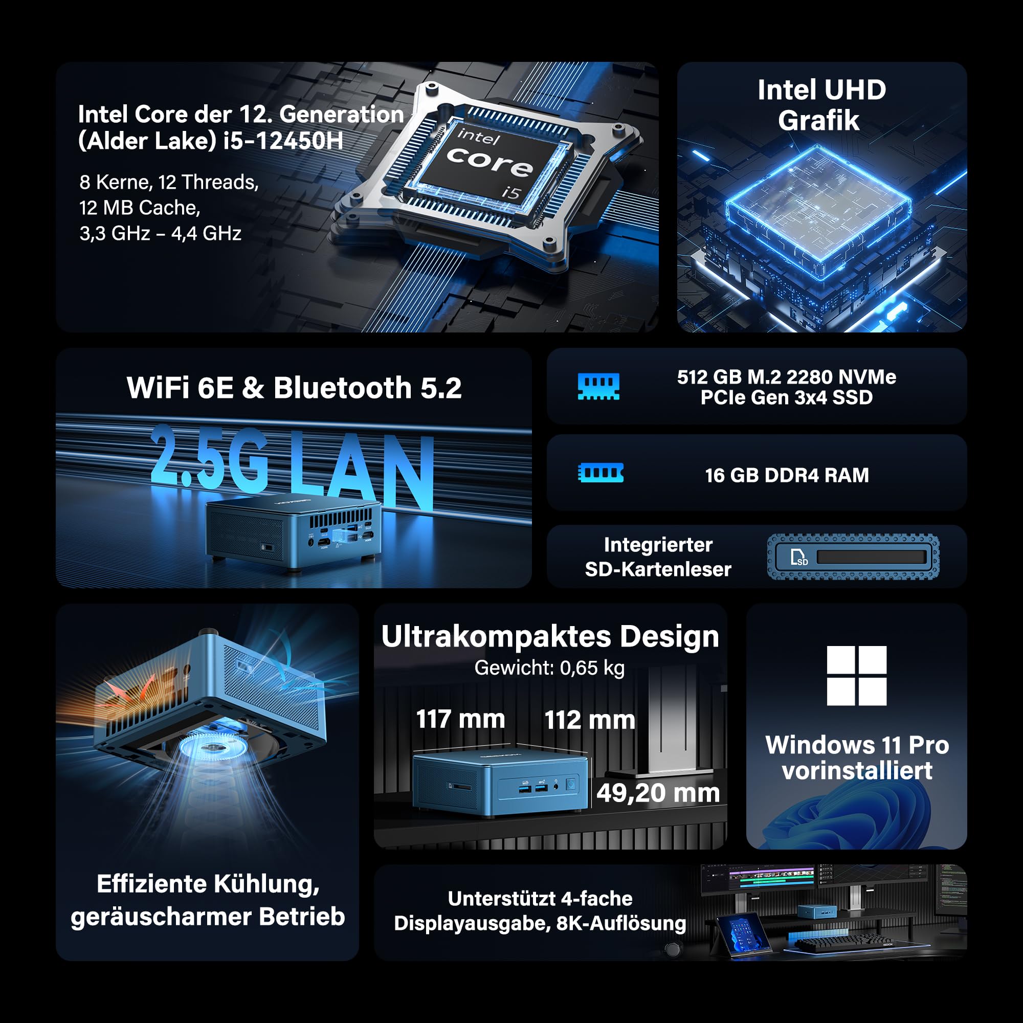 GEEKOM IT12 Mini PC mit Intel i5-12450H, 16GB DDR4 RAM 512GB(Bis zu 4TB) SSD Mini PC Windows 11 Pro mit 2.5G LAN|SD-Kartenleser|Wi-Fi 6E|Bluetooth 5.2|2*USB4 8K Mini Desktop PC für Home&Office&Busiess