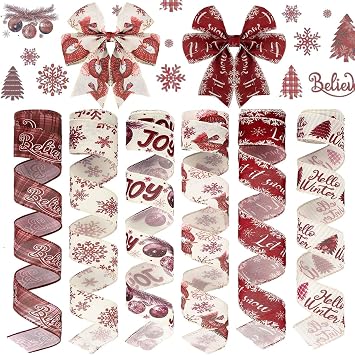 6 Rolls 30 Yard Winter Wired Ribbon 2 Inch Snowflake Snowman Ribbon Winter Swirl Burlap Wonderland Gift Wrapping Thread for Tree Topper Wreath DIY Craft Bow DecorSnowflake,Red, White