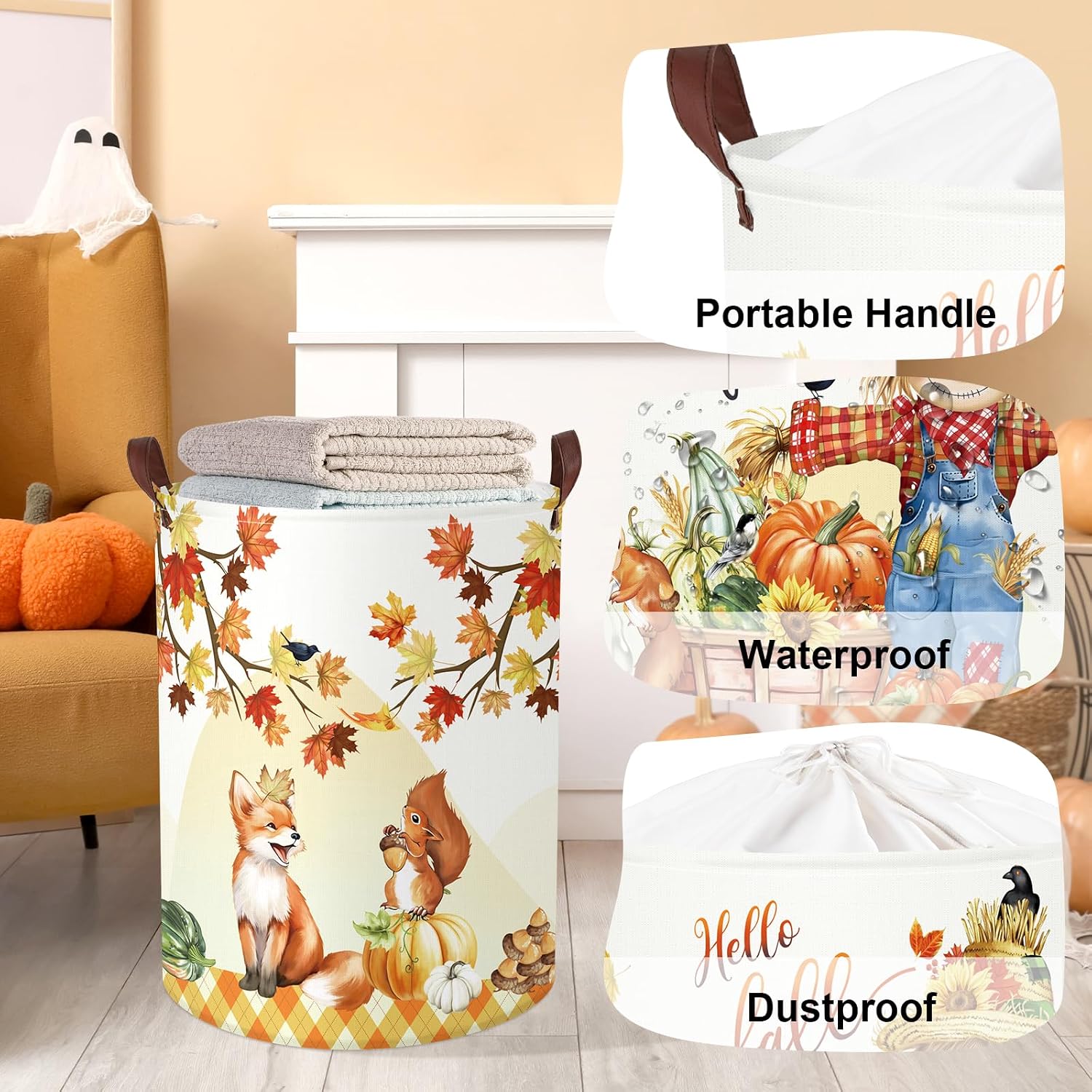 Happy Thanksgiving Baby Storage Basket Pumpkin Maple Leaf Collapsible Clothes Kids Laundry Hamper Large Boys Girls Gift Toy Box Bin for Nursery Room,Scarecrow,40*50 cm