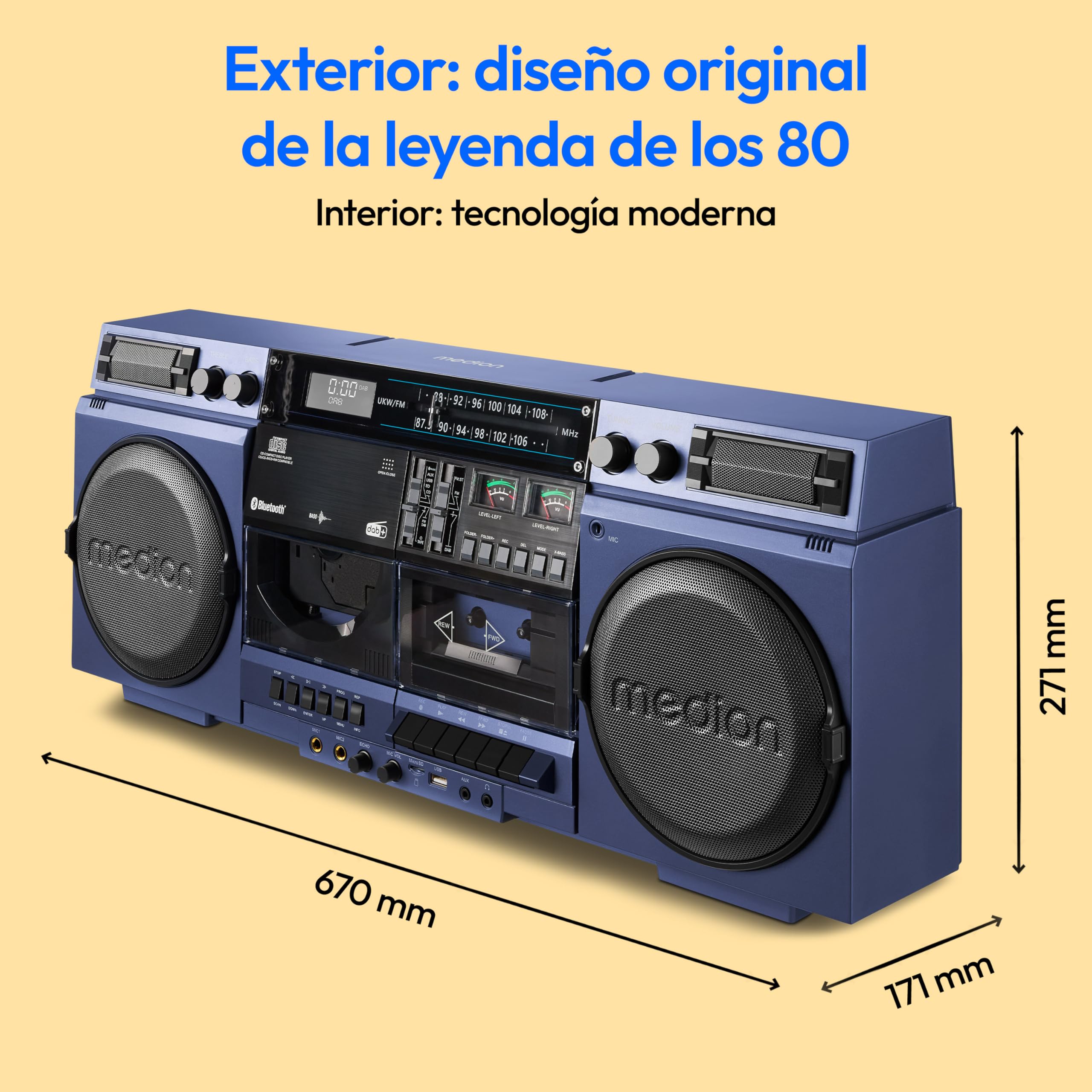 MEDION P66538 Reproductor de Casete (Retro Ghettoblaster con Reproductor de CD, años 80, Grande, USB, SD, CD, Casete MC, Antena telescópica de Radio Dab+, Bluetooth, pletina de Casete