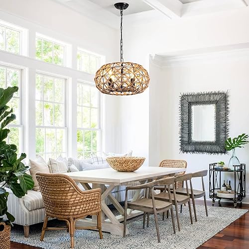 Miniatura 2 de Lámpara colgante de ratán, lámpara de araña bohemia tejida rústica, estilo vintage, de mimbre, jaula grande, cuerda de cáñamo, 4 luces, accesorios