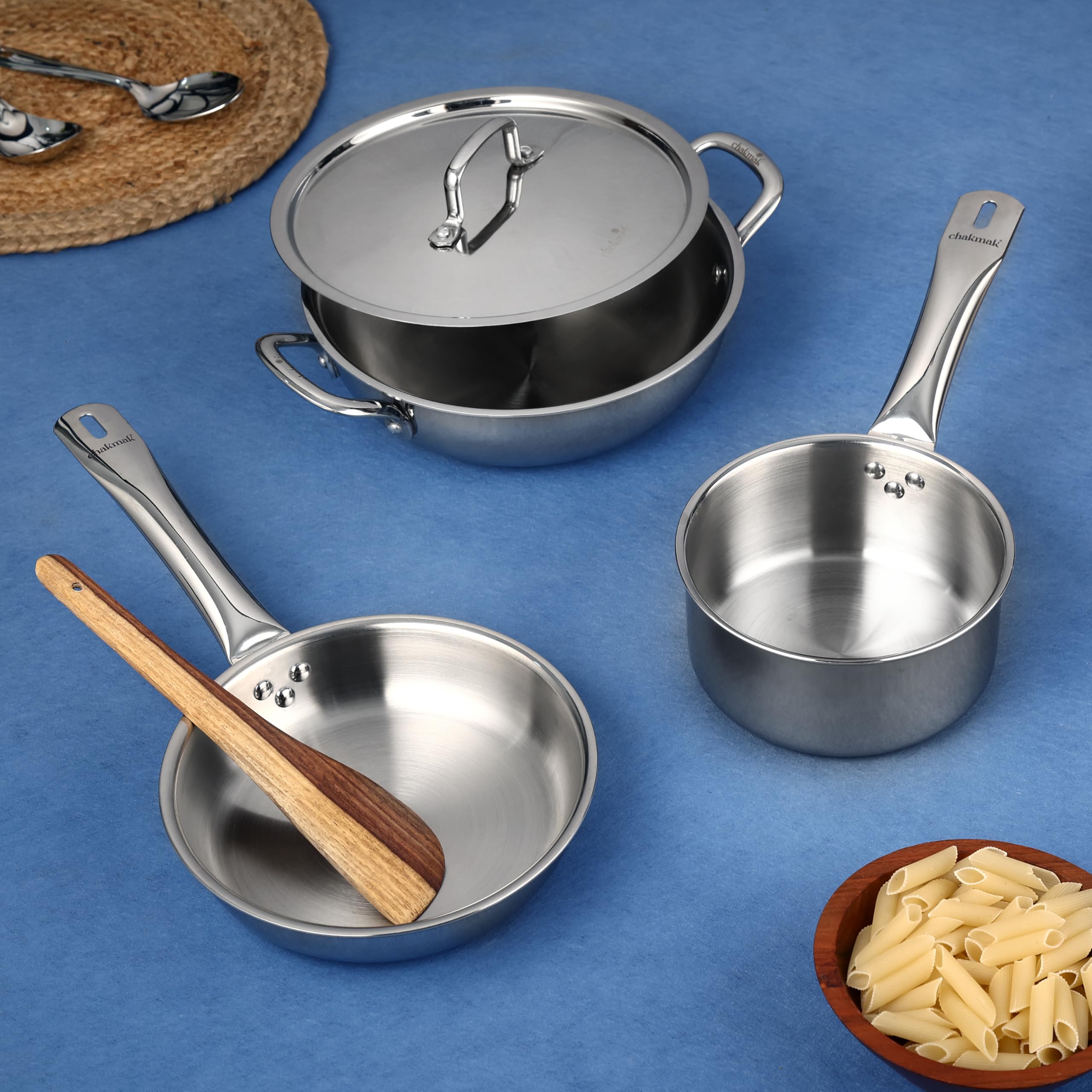 Chakmak Goldfinch Triply Stainless Steel 3 Piece Cookware Set | Kadhai with Lid 24cm 2600ml, Saucepan - 16cm 1500ml, Frypan - 20cm 900ml | PFOA Free