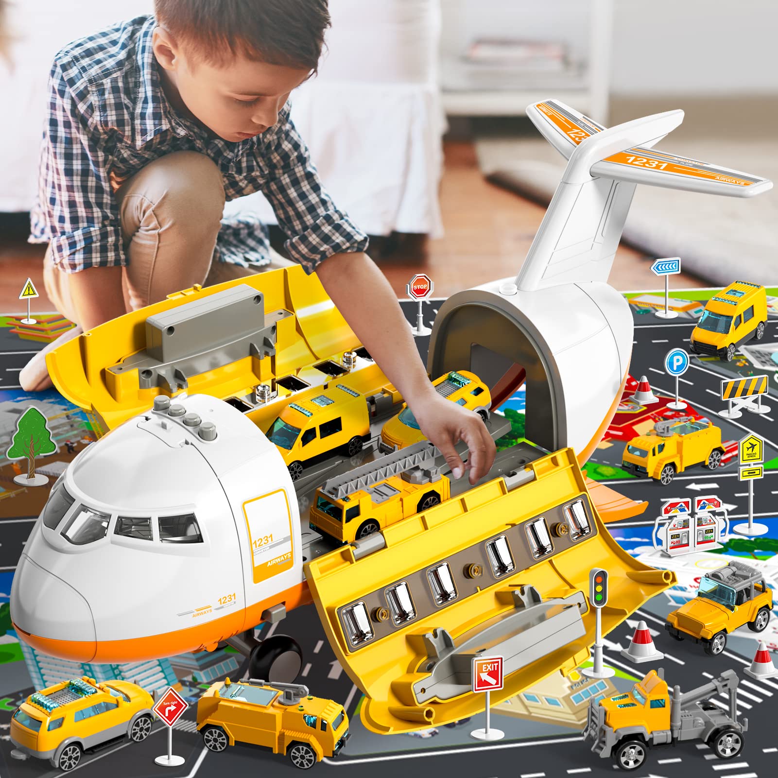 iHaHa Toy Airplane for Boys Kids Age 4-7, Airplane Toys for 3 Year Old, Large Transport Spray Aeroplane Toys with 10 Construction Vehicles, 3 4 5 6 Year Old Boy Toys Chirstmas Birthday Gifts