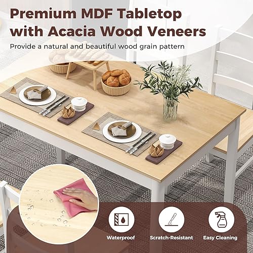 Miniatura 5 de GOFLAME Juego de mesa de comedor de 5 piezas para 4, mesa de cocina de granja y 4 sillas con patas de madera de goma, juego de comedor de madera que
