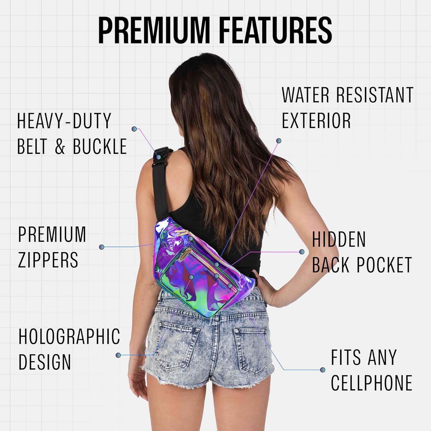 Holographic Fanny Pack Belt bag - Crossbody Waist Bag for Men or Women - Hands-Free, Waterproof Large Bumbag for Hiking, Running, and Travel (purple) - Image 3