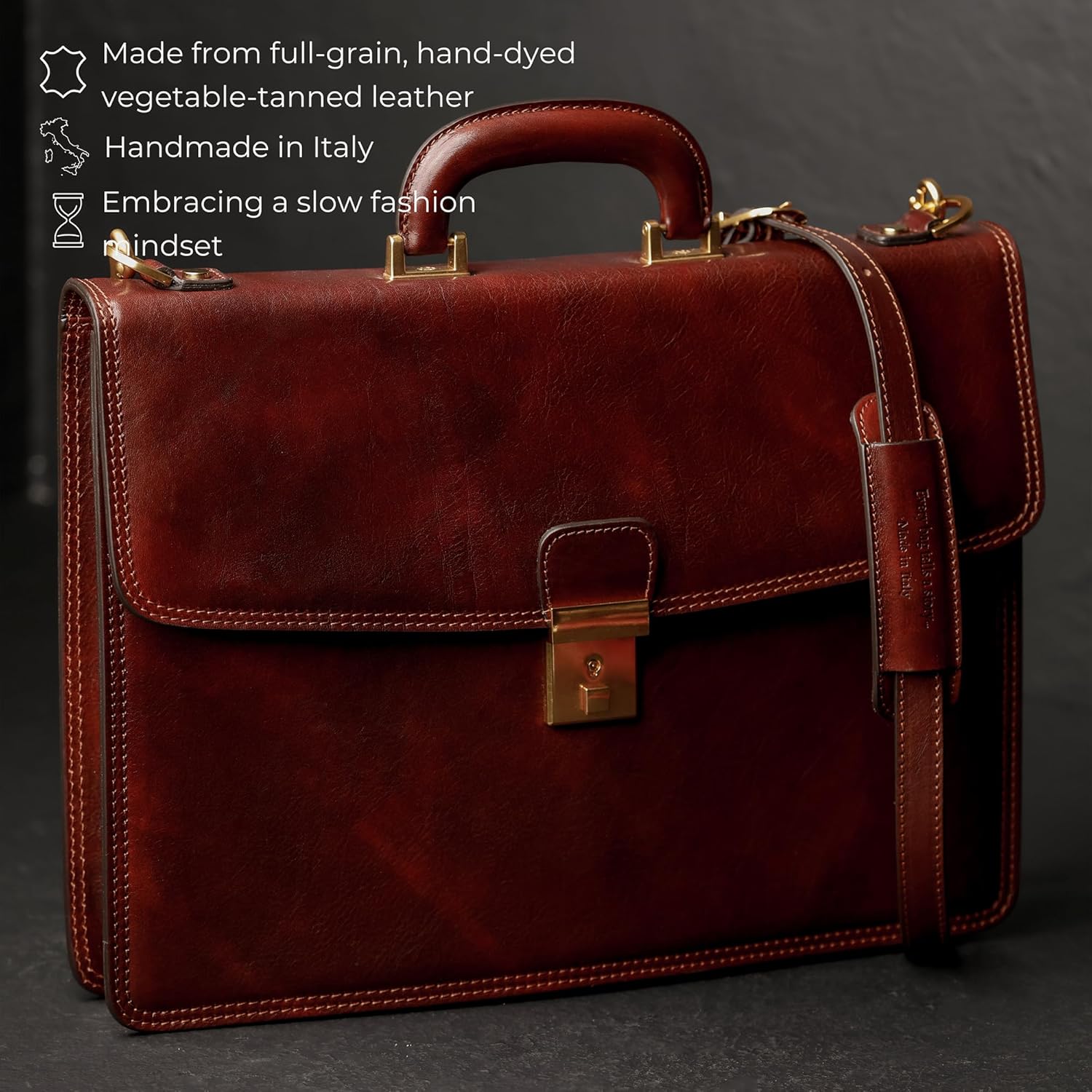 Time Resistance Leather Briefcase - Italian Handmade Leather Laptop Bag - Handbag for Men - Professional Computer Case - Image 4