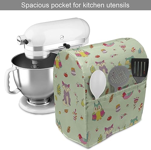 Miniatura 2 de Ambesonne Cartoon Stand Mixer Cover, Forest Animals Owl Fox Bear Holding Honey Jar Birds Flowers Fruits, Kitchen Appliance Organizer Bag Cover with