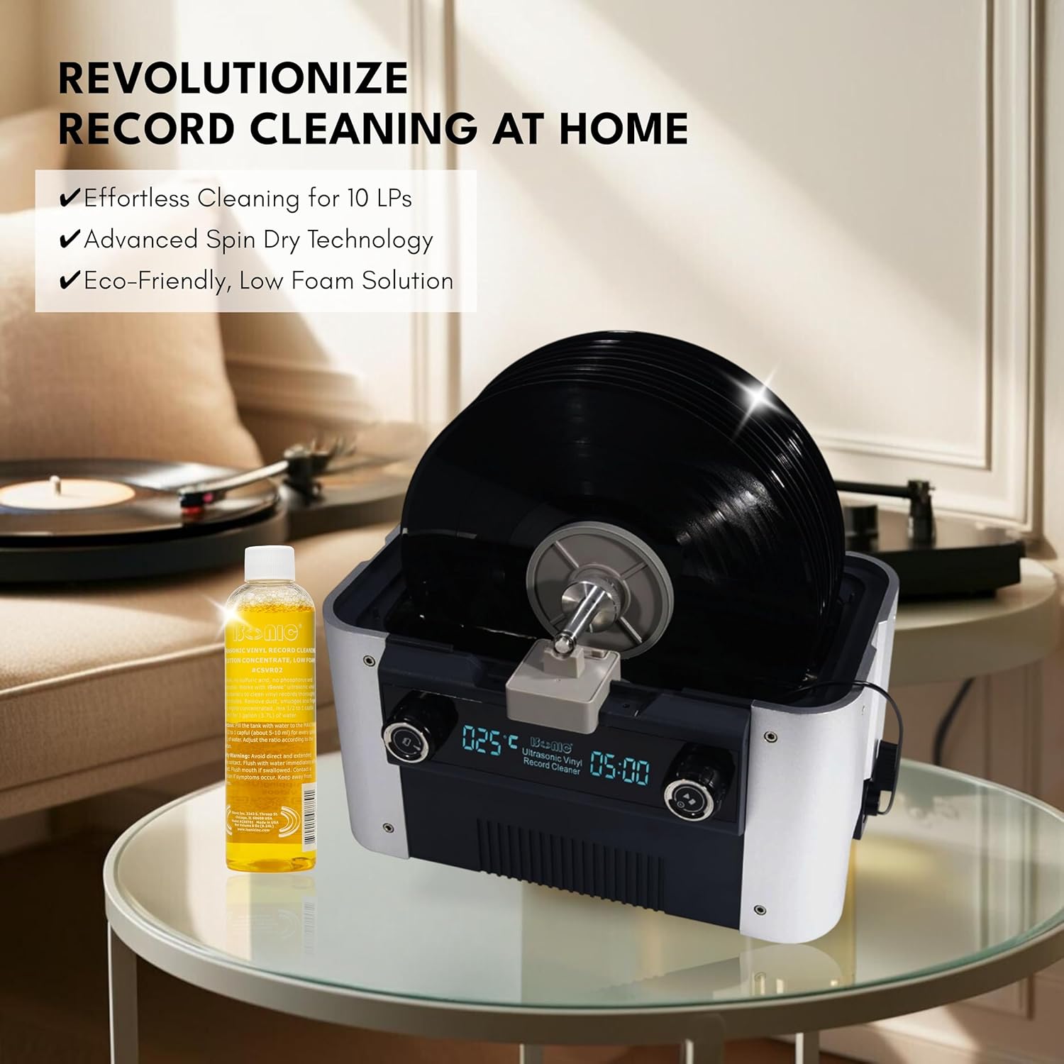 iSonic CS6.1-Pro Motorized Ultrasonic Vinyl Record Cleaner for 10 LPs, with Filter and Spin Drying, 1.6 Gal/6L, 110V