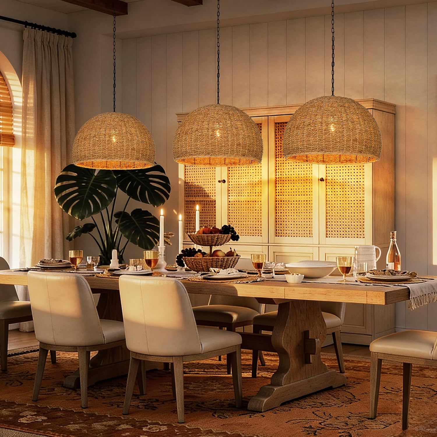 Rustic Rattan Pendant Light Kitchen, Farmhouse Seagrass Dining Chandelier, 15.74''W Wicker Hanging Lamp Ceiling Lighting Fixture with Chain for Bedroom Living Room