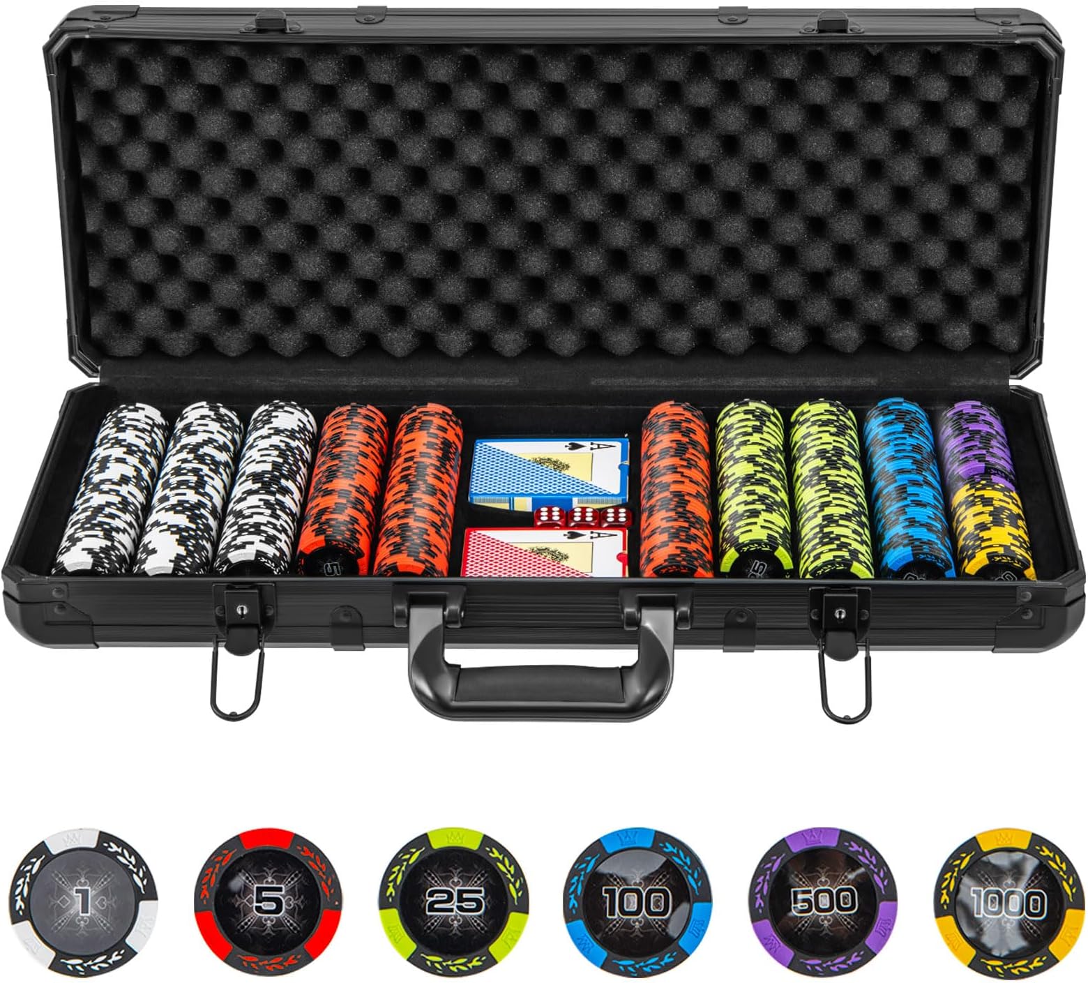 Goplus Poker Chip Set, 300/500 PCS 14 Gram Clay Poker Chips w/Aluminum Case, Card Decks, Dealer Buttons, Dices, for Texas Holdem, Blackjack, Casino Gambling (500 PCS Basic Style)