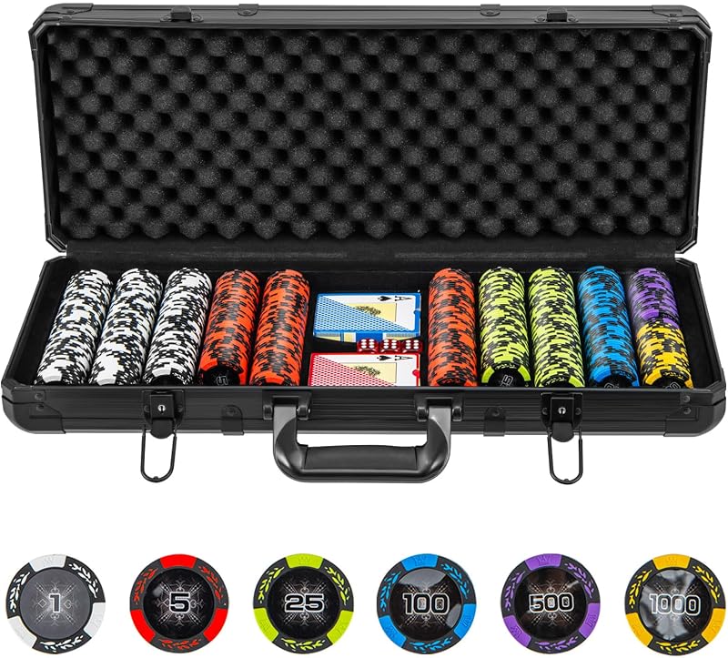 Goplus Juego de fichas de póquer, 300/500 piezas de fichas de póquer de arcilla de 14 gramos con estuche de aluminio, barajas de cartas, botones de distribuidor, dados, para Texas Holdem, Blackjack, juegos de casino (500 piezas estilo básico)