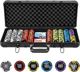 DREAMADE Aluminium Pokerkoffer mit 500 nummerierten Laser Poker Chips/ 2 Pokerkarten Set/ 5 Würfel/ 3 Dealer-Buttons, Pokerspiel, Poker Komplett Set Pokerset Profi Texas Hold'em (500 Chips)
