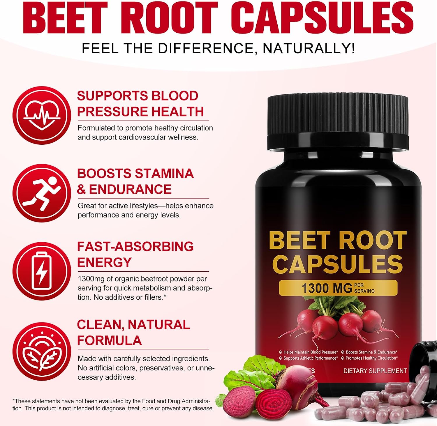 Beet Root Capsules, Beet Root Powder for Exercise Endurance, Energy Supplement, Non-GMO Beetroot Capsules (60 Pcs, 30-Day Supply)
