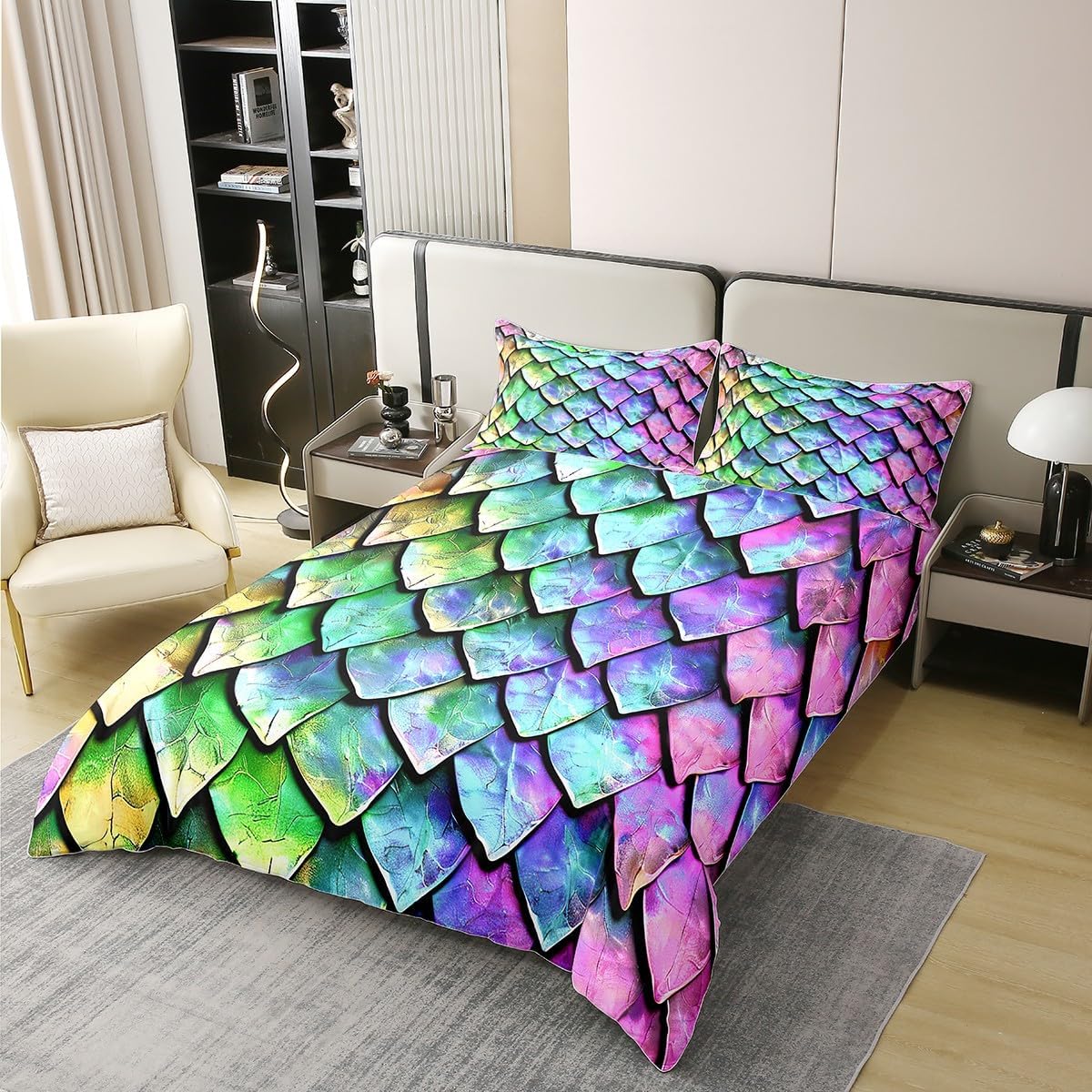 Feelyou Dragon Scale Bedding Duvet Cover 100% Cotton Set Queen Size Wild Animal Skin Bedding Set Glitter Psychedelic Animal Comforter Cover Set Wild Safari Theme Purple Green Bedspread Cover