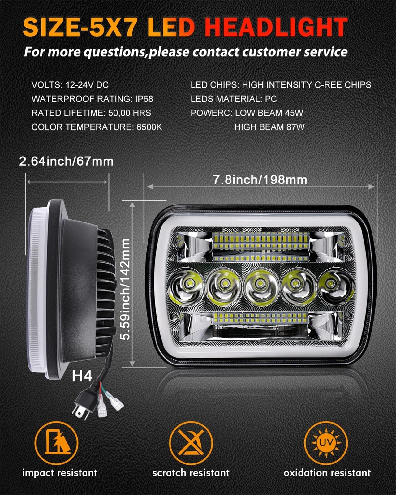 Head Lamp 7x6 5x7 Reflektory LED H6054 Z wysokimi światłami mijania i pomarańczowym kierunkowskazem Pasuje do Jeep Wrangler YJ Pasuje do Cherokee XJ(2PCS T002V)