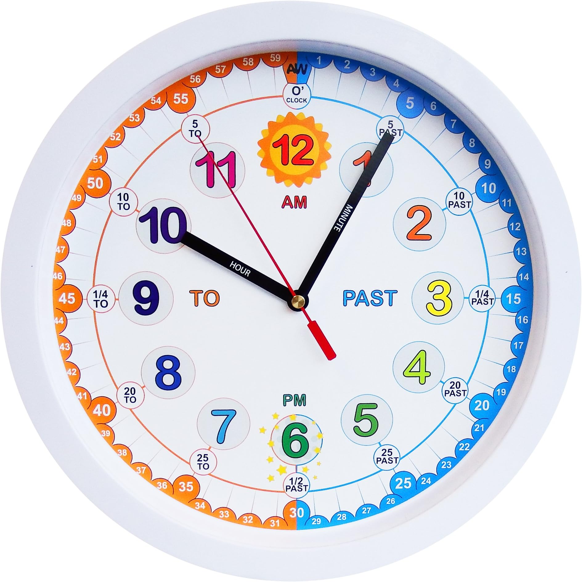 Amonev Time Teacher Clock Children's Clock, Easy to Read Analogue Clock with Silent Ticking. Teach Children How to Tell The Time - White.