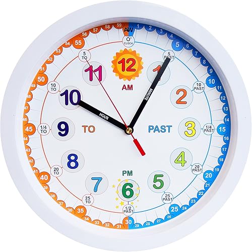 Amonev Time Teacher Clock Reloj de pared silencioso para niños, reloj fácil de leer con movimiento sin tictac. Enseñe a los niños cómo leer un reloj