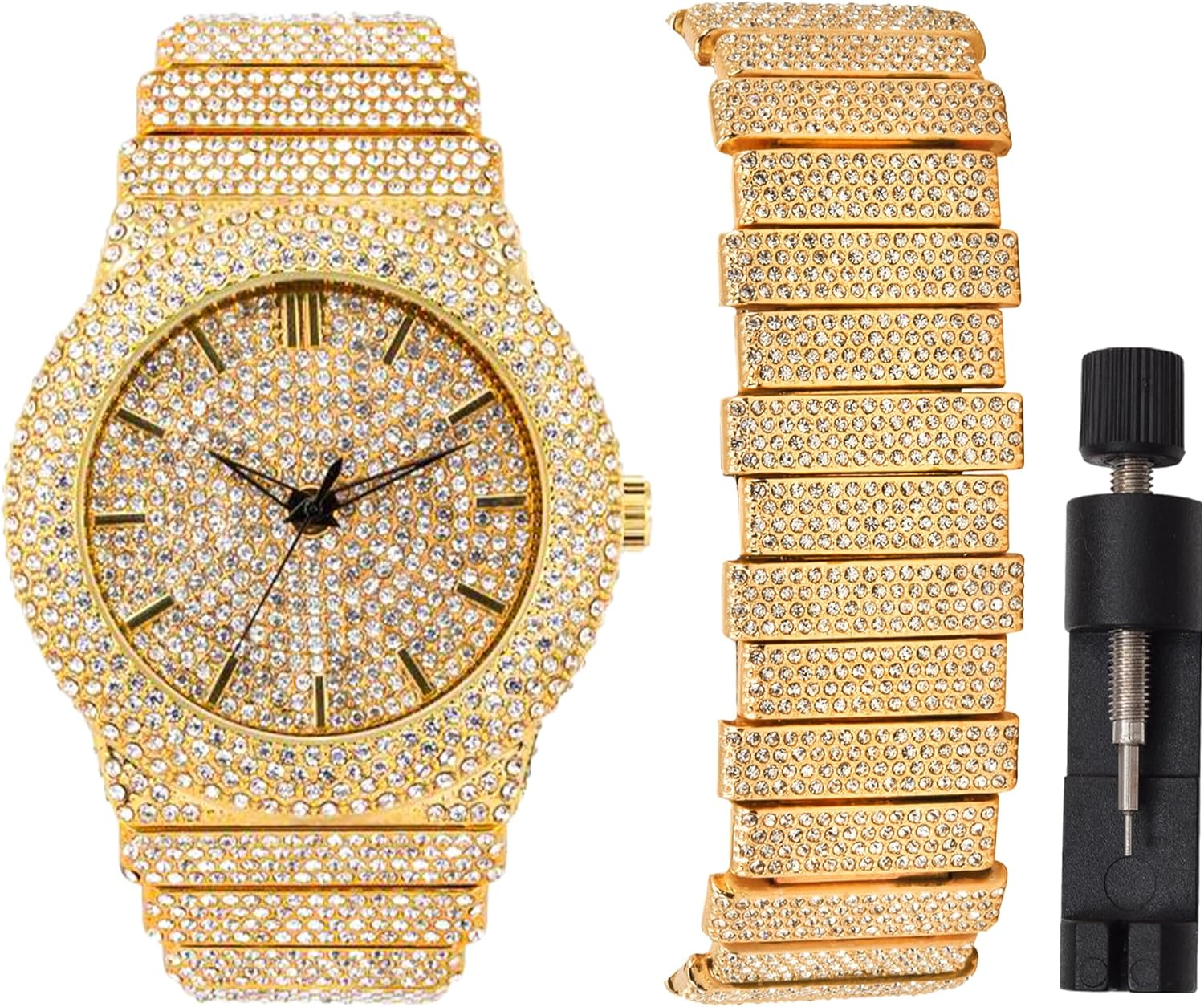 Men's Hip Hop Fashion Gold Plated Iced Bling Out Heavy Dial Luxury Rectangle Case Roman Numerals Quartz Analog Watch, Matching CZ Diamond Matching Bracelet Set, Gift Box