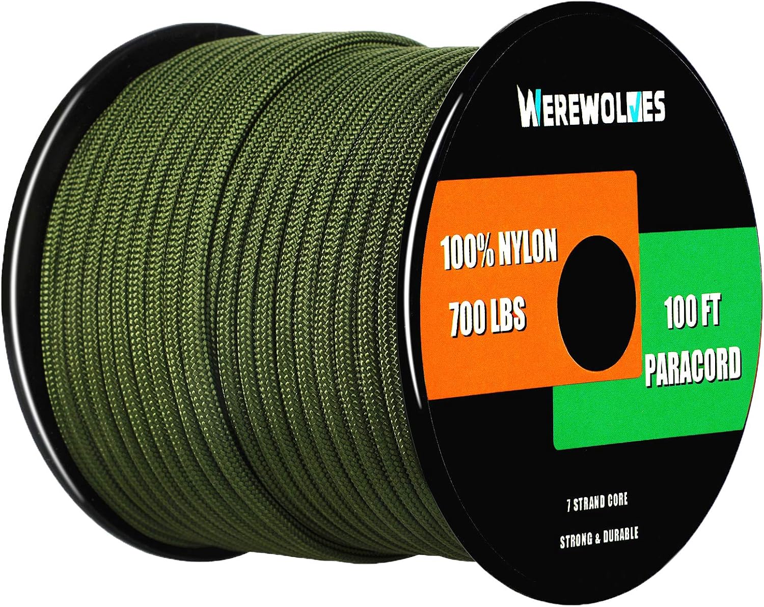 700lb Paracord/Parachute Cord - Type III 7 Strand 100% Nylon Core and Shell 700 lb Tensile Strength (Army Green, 100 Feet)