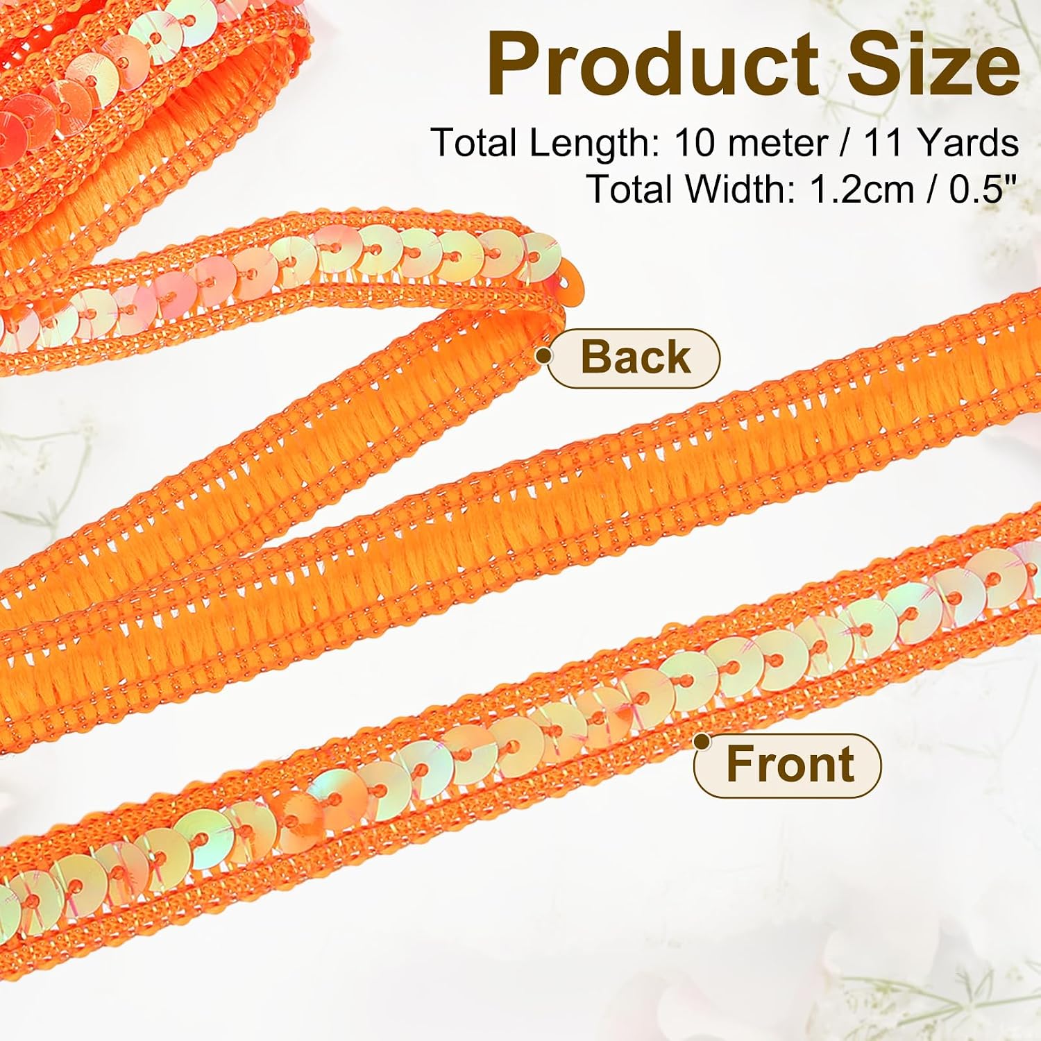 uxcell 11 Yard Sequins Trim Ribbon 0.5 Inch Sequin Gimp Braid Trim Spangle Flat Sequins Paillette Fabric Flat Trims Strips for Crafts Sewing Clothes Home Party Decoration, Orange image 2