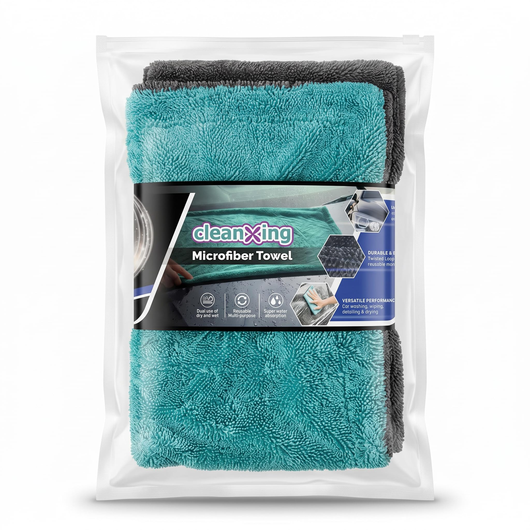 1200 GSM Microfiber Cleaning Cloth for Car (40x60cm) | Ultra Thick Twisted Loop Dual Sided Towel | Lint-Free Super Absorbent Cloth (Light SEA Green/Grey, 40X60 CM)-image-21