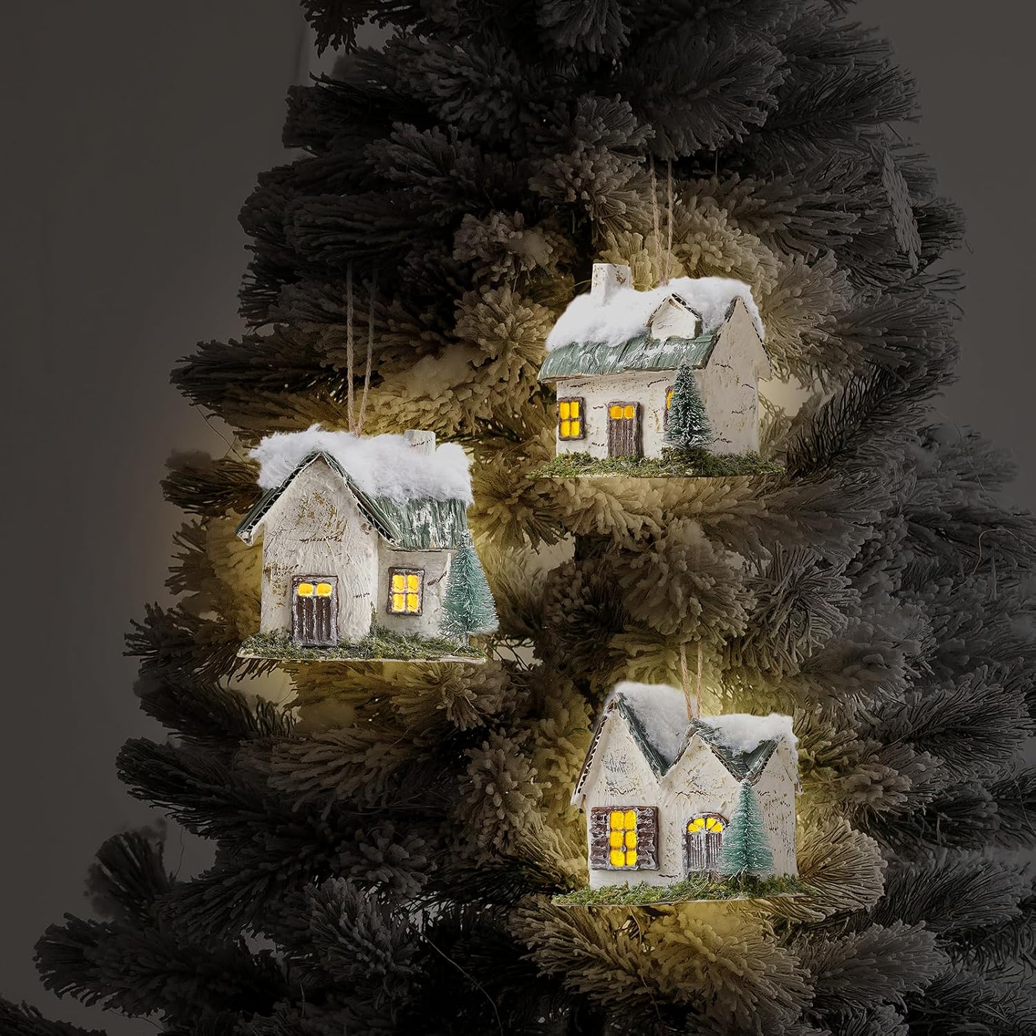 naturevibe Set of 3 Christmas Villages Houses Ornament with Warm Led Lights