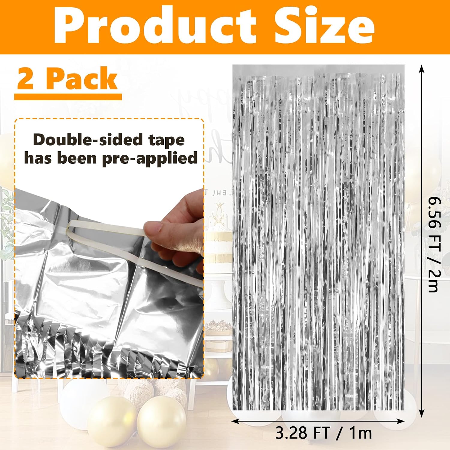 Entisn Silver Foil Fringe Curtains 2Pk, Tinsel Backdrop, Party Decor