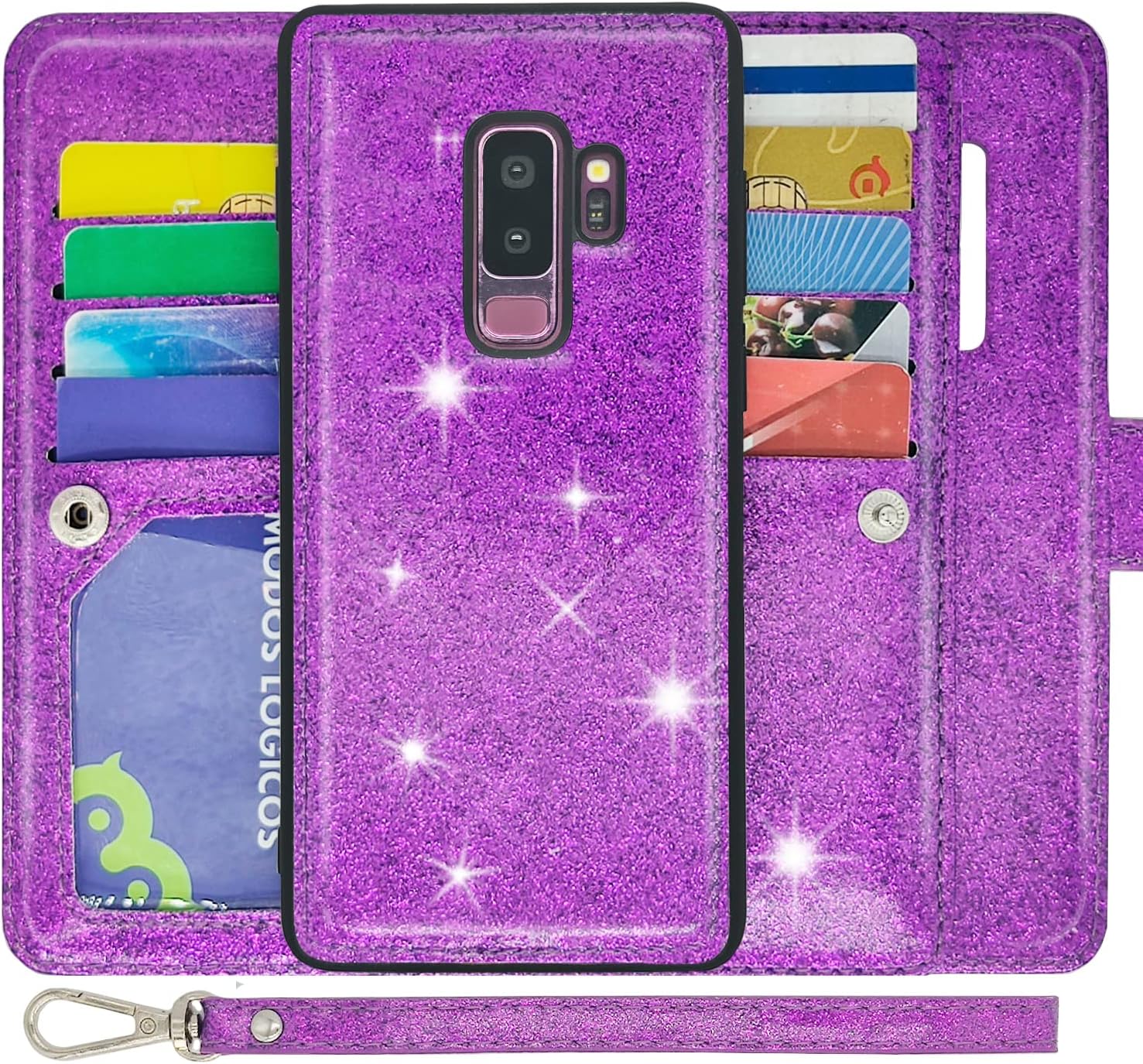 MODOS LOGICOS Case for Samsung Galaxy S9 Plus 6.2", [Detachable Wallet][Cash Storage][9 Card Slots 1 Id Window] Glitter PU Leather (Smooth Finish) Purse with Removable Inner Magnetic Case - Purple