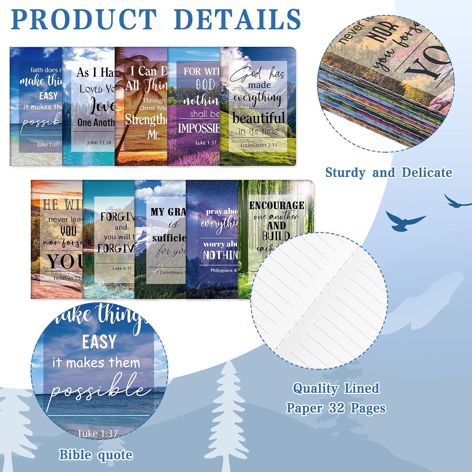 Jetec 150 Bible Verses Gift Set for 30 Christian Bookmarks 30 Scripture Ballpoint Pens 30 Christian Notebooks 30 Bible Verse Keychain 30 White Organza Bags for Women Men Office Church(Scenery)