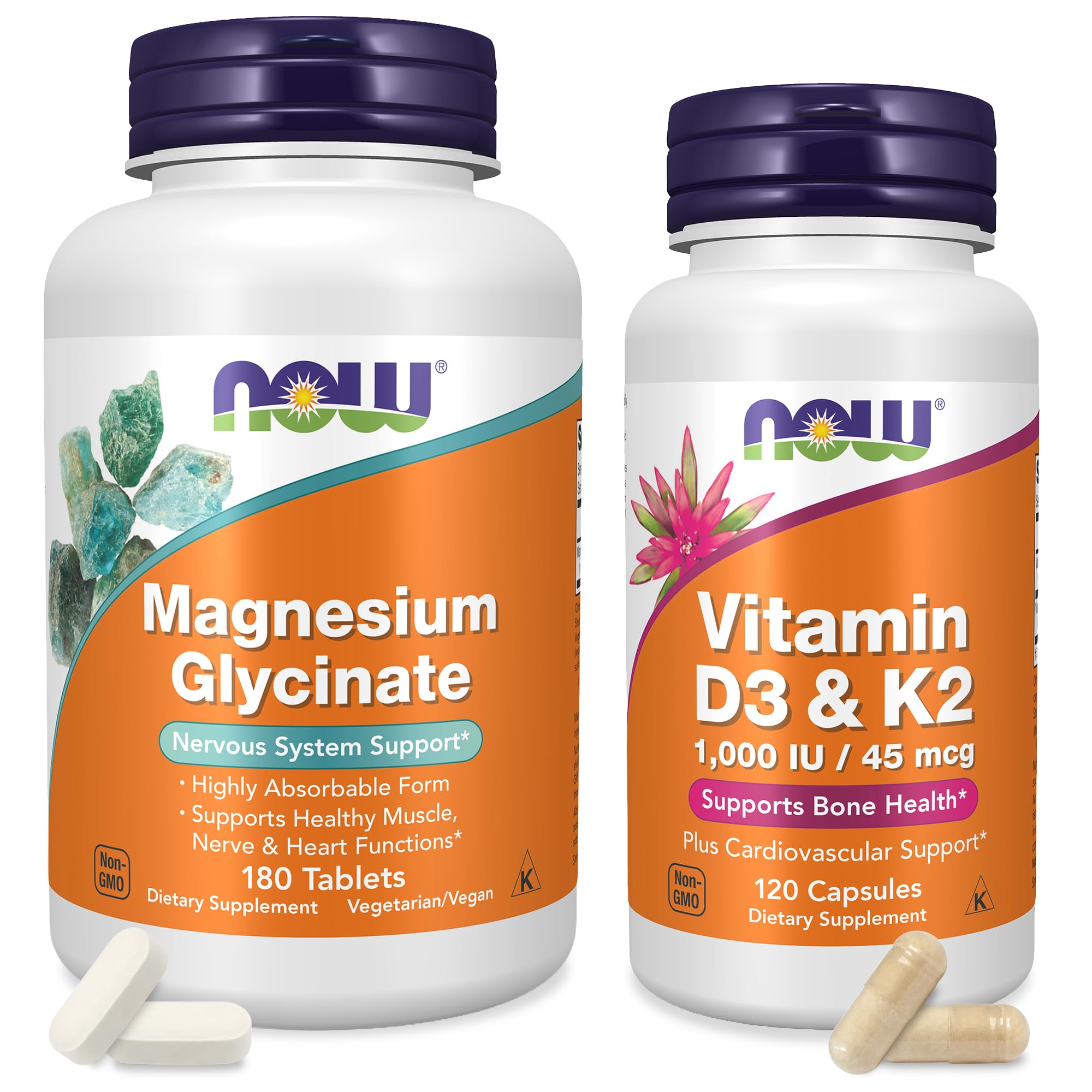 NOW Foods Metabolic Support Bundle - Mag Glycinate + VIT D3 K2 Supplements Unflavored 300 Count (Pack of 2)