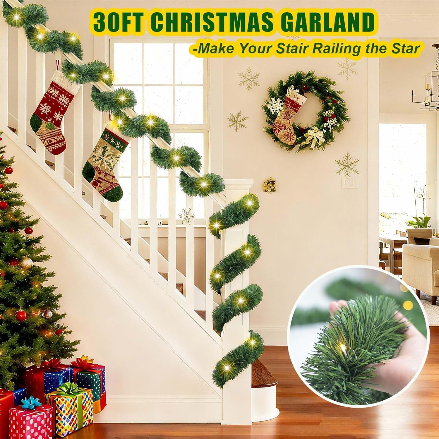 Christmas Garland with Lights, 30 Feet 50 Led Battery Operated Pre-Lit Long Garland Remote Timer for Stairs Railing Fireplace Mantle Office Door Frame Decor Green Greenery Indoor Outdoor Decorations