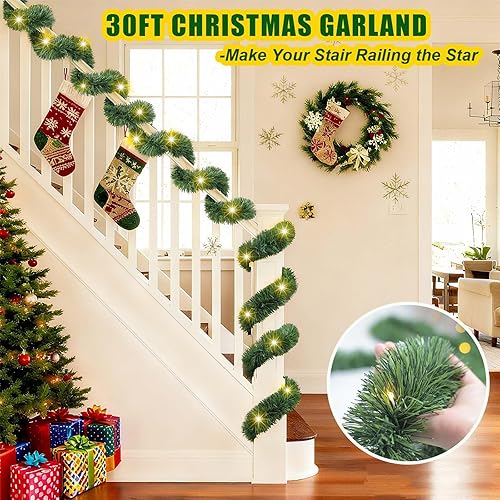 Miniatura 3 de Guirnalda de Navidad con luces, 30 pies, 50 LED, funciona con pilas, guirnalda larga preiluminada, temporizador remoto para escaleras, barandilla,
