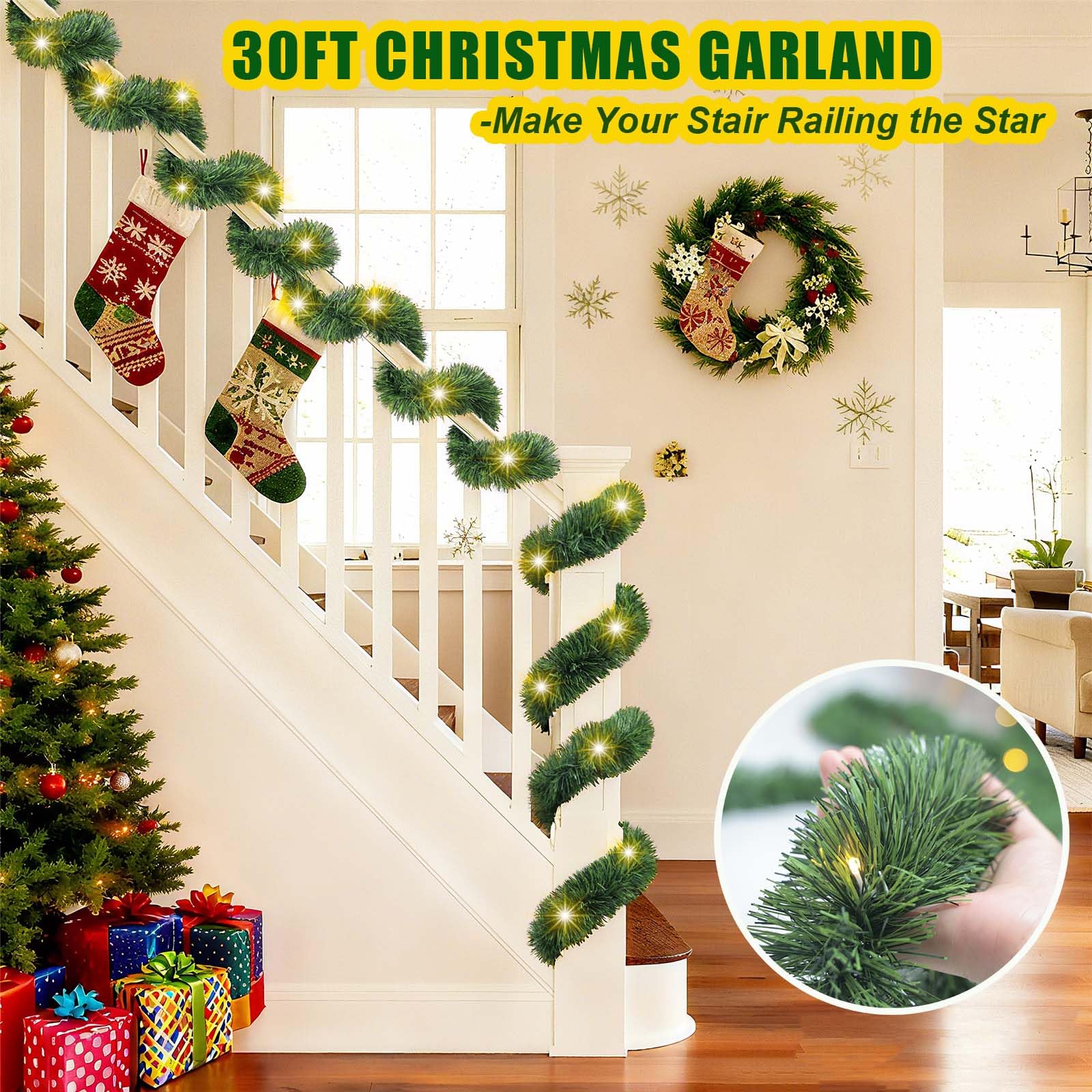 Guirlande de Noël avec lumières, 9,1 m, 50 LED, fonctionne à piles, longue guirlande pré-éclairée, minuterie à distance pour escaliers, garde-corps, cheminée, cheminée, cadre de porte de bureau