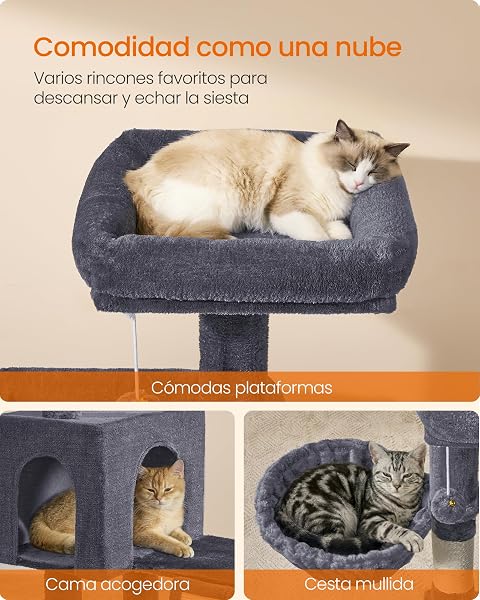 Feandrea Árbol para Gatos, Rascador de Gatos, Torre con Postes y Rampa Rascador, 3 Grandes Plataformas, 1 Cueva, 1 Hamaca, 2 Pompones, Altura 136 cm, Gris Oscuro PCT012GS01 - 4