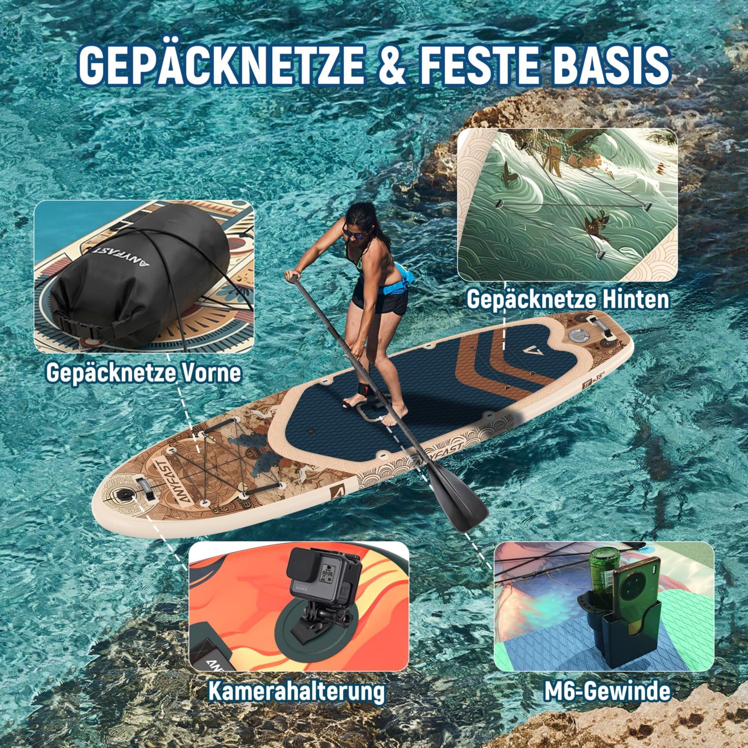 Planche à pagaie de pêche gonflable large – 204,1 kg, extra large, ultra stable, antidérapante, pompe, support pour appareil photo, laisse, sac à dos, poignée pour enfant, accessoires, surf