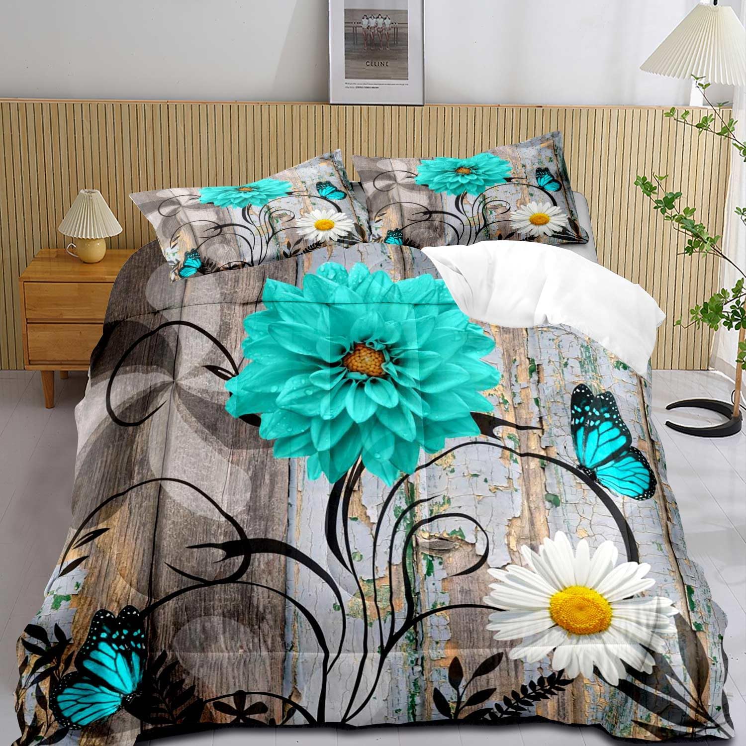 LUVIVIHOME Teal Floral Comforter Set Twin Size, White Daisy Blue Butterfly Turquoise Dahlia Bedding Sets, Vintage Shabby Country Rustic Farmhouse Bedroom Decor for Women, 1 Quilt and 1 Pillow Sham