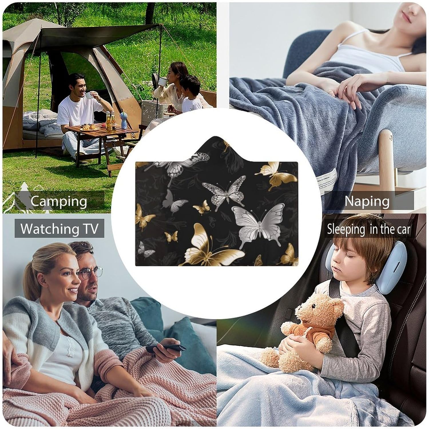 Gold White Butterflies Black Hooded Blanket Cozy And Functional,Wearable Blanket Hoodie for Women Men,Blanket Poncho Presents60 x80