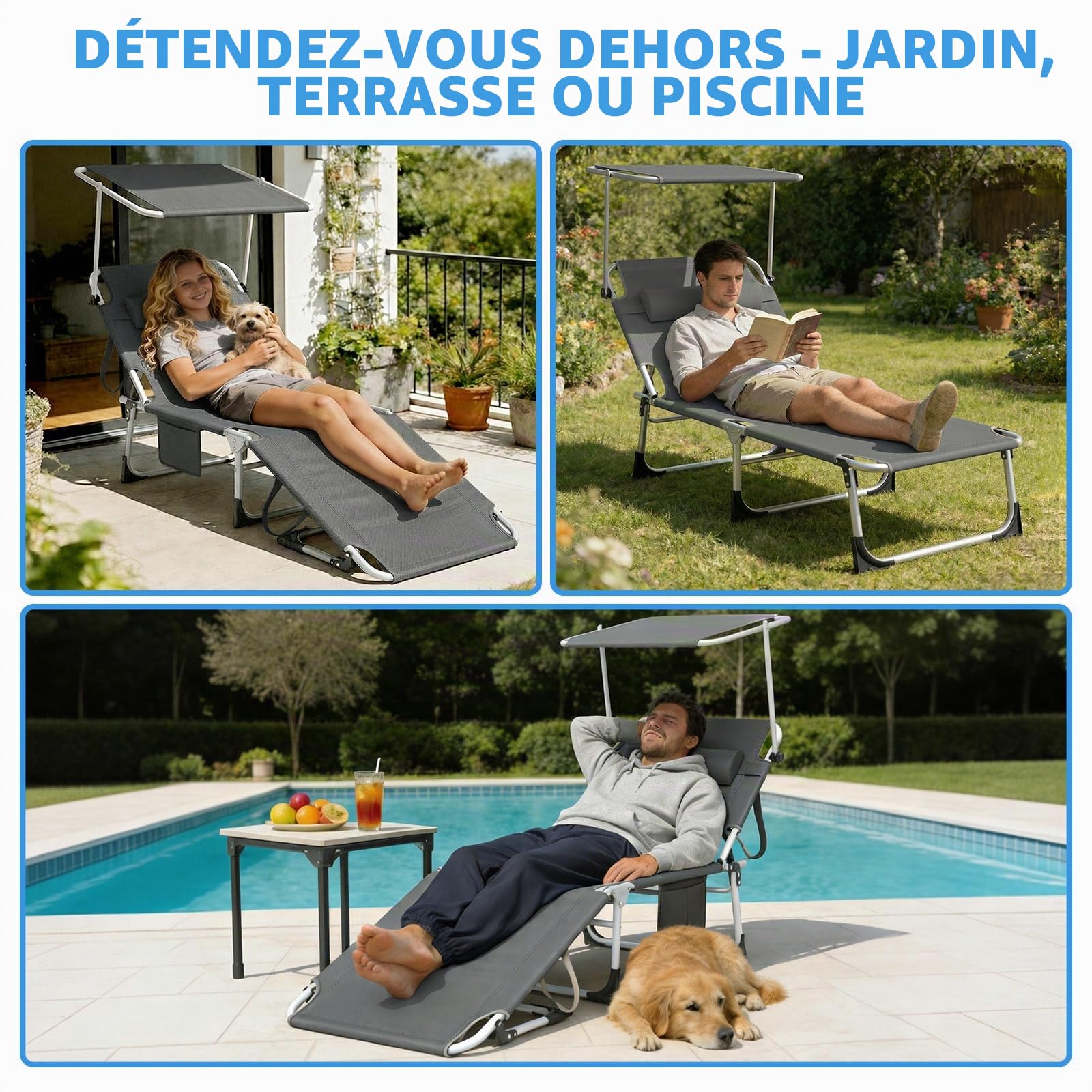 Huracan Chaise longue pliable avec pare-soleil, chaise longue légère de jardin avec dossier réglable en 4 positions, chaise longue portable avec oreiller de tête, chaise longue pour le camping et la