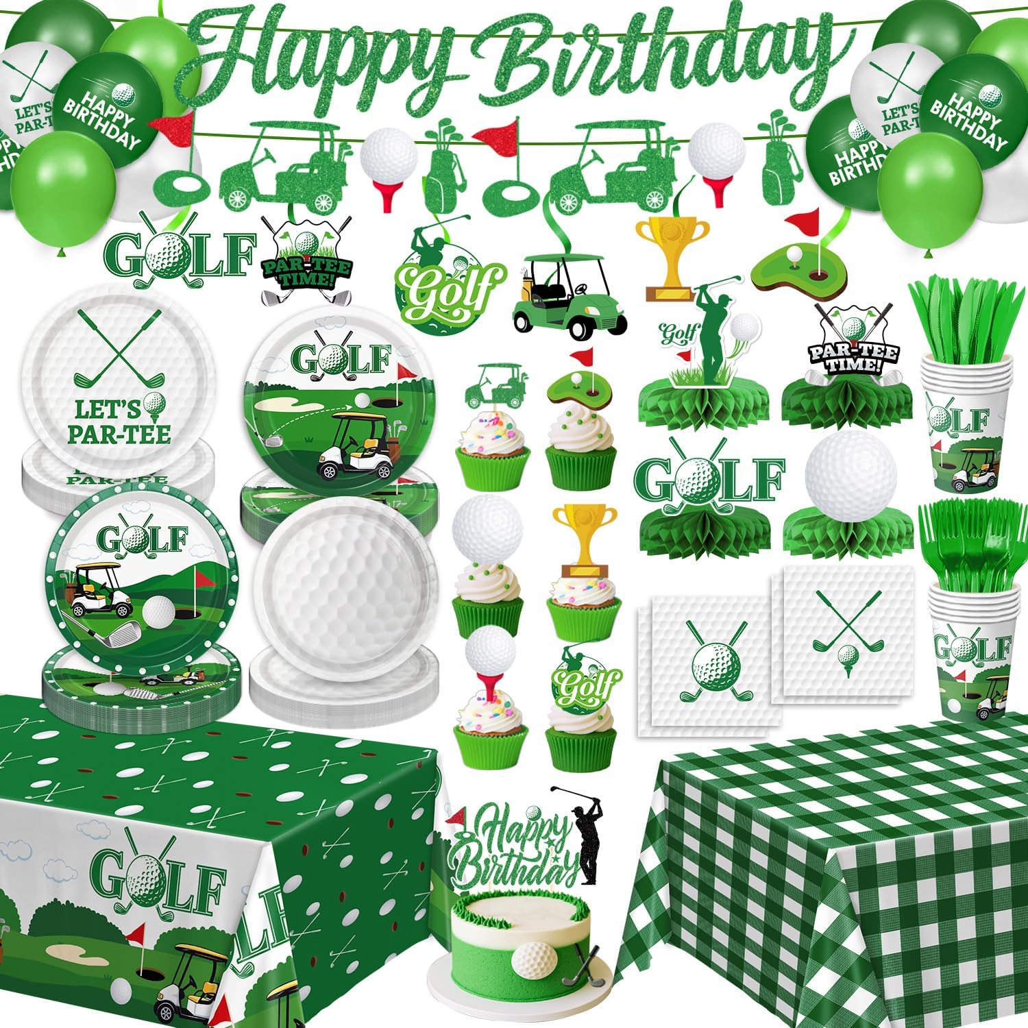 QIYANPAX Golf Birthday Party Decorations Include Plates, Napkins, Cups, Cutlery, Banner, Hanging Swirls, Cake & Cupcake Toppers, Balloons, Tablecloths for Golf Birthday Decorations, Serves 24