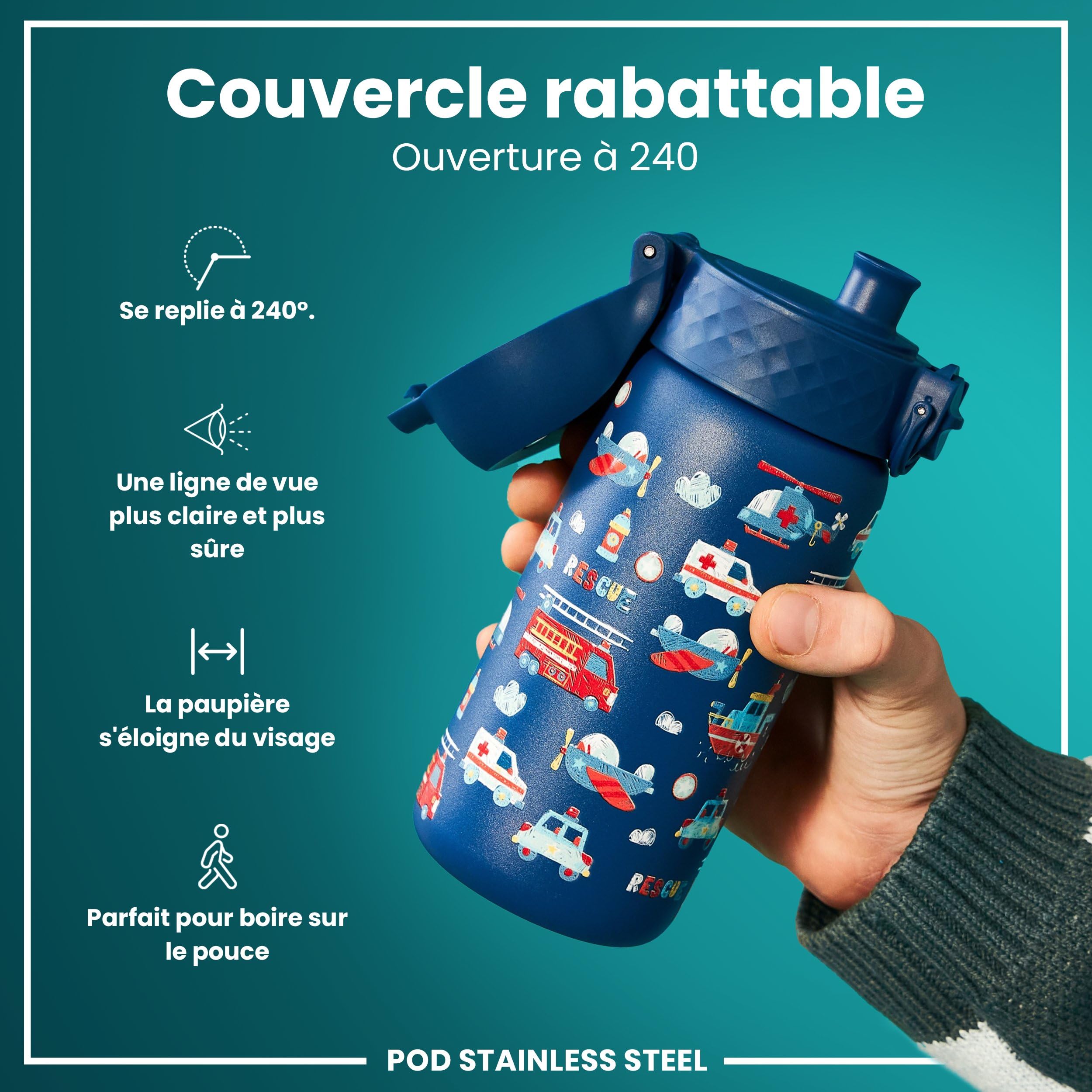 Ion8 Gourde Enfant Inox 400ml Anti-Fuite Acier Inoxydable Véhicules De Secours